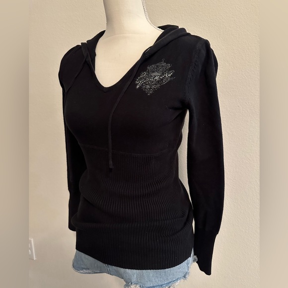 Black Guess Jacket Sweatshirt Scoop Neck Ribbed Long Sleeve Bedazzled Logo Small - Picture 2 of 8